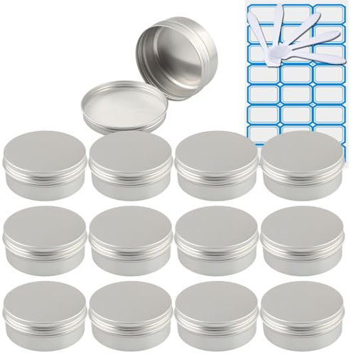 ZEOABSY 50 Stück Leere 150 ml Rund Silber Aluminium Tins mit Schraub-Deckel Schraubdose Cremedose Alu-Tiegel Dosen Aludose Blechdosen für Kosmetik Kerze Salben 5X Spatel, 2X Etikette