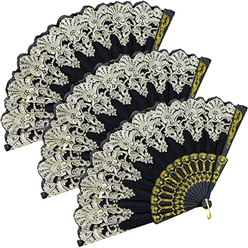 3er Set Handfächer schwarz Hochzeitfächer Spitze Fächer Spanische Faltbare Fächer Wand-Dekofächer Stofffächer aus Kunststoff&Stoff Faltfächer für Halloween Karneval Zubehör Party Geschenk