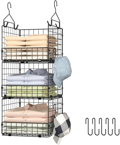 Faltbarer Schrank-Organizer mit 3 Ebenen, mit Namensschild, Kleider-Hängeregale mit 5 S-Haken, Wandhalterung und Schrank-Draht-Aufbewahrungskorb, für Kleidung, Pullover, Handtaschen, Clutches Zubehör