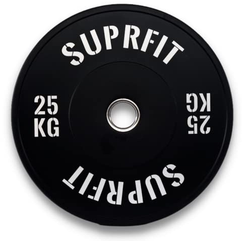 SUPRFIT gummerade fitnessstötdämparplattor 50 mm viktskivor av massivt gummigranulat – vikt: 25 kg, stötabsorberande hantelskivor 50 mm för hantelträning, viktskivor – färg: svart/vit