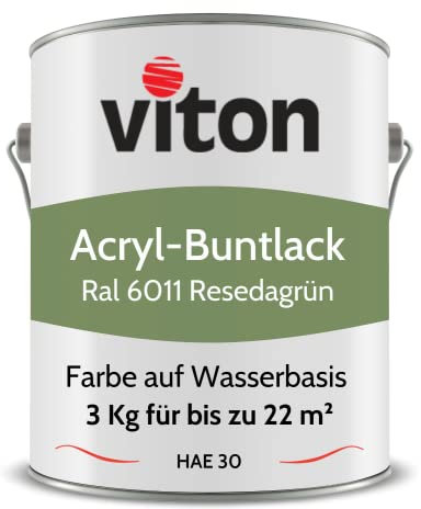 Viton Buntlack 3 Kg Grün - Seidenmatt - Wetterfest für Außen und Innen - 3in1 Grundierung & Lack - HAE 30 - Farbe auf Wasserbasis für Holz, Metall & Fliesen - RAL 6011 Resedagrün