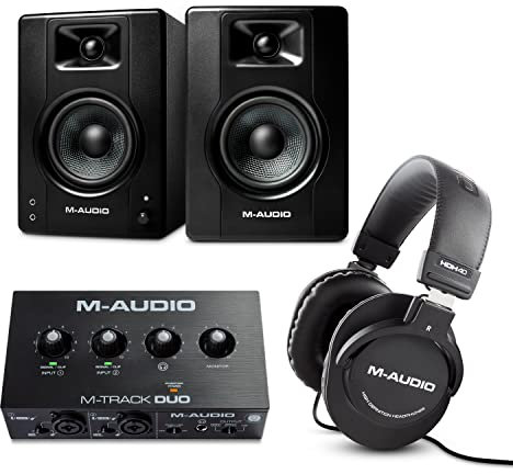 M-Audio Bundle - USB Audio Interface, 4.5 Studio Monitor Speakers and Over Ear Headphones for Recording, Gaming, Streaming, Podcasting