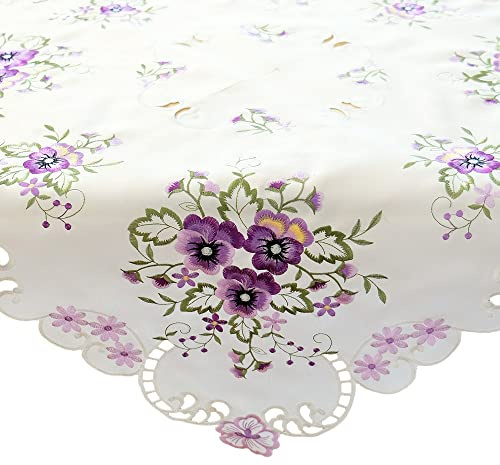 matches21 HOME & HOBBY Tischdecke Elke 85 x 85 cm edle Stickerei mit lila Stiefmütterchen & Cutwork aus Polyester