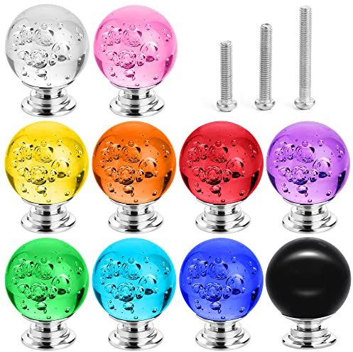 IEIK Bunte Schrankknäufe, runde Glasblasenknäufe, 30 mm, glatte Schubladengriffe für Zuhause, Schrank, Schublade und Kommode, mit 3 verschiedenen Schrauben, 10 Stück