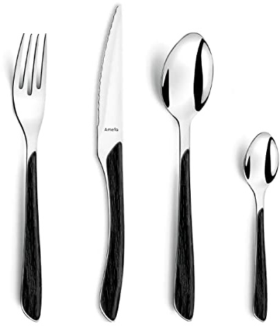 AMEFA ECLAT NATURE Besteck Set 4 Personen (Holzoptik/schwarz) 16-teilig mit feiner Maserung Edelstahl 18/10 rostfrei und hochglanzpoliert spülmaschinenfest Besteckset 4 Personen