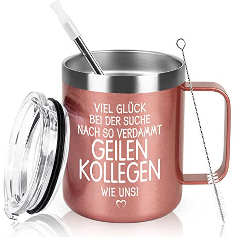 Livole Abschied Kollegin, Kollegen, Weihnachtsgeschenke, Lustige Tassen, Abschiedsgeschenk Kollegen Jobwechsel - Viel Glück bei der Suche Nach Kollegen - 12OZ 350ml Edelstahl Thermobecher mit Henkel
