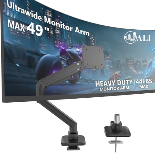 WALI Single Monitor Arm for 17 to 49 Inch Heavy Duty Curved Screens, Ultrawide Monitor Arm, Holds up to 20 kg, Adjustable Monitor Desk Mount with VESA 75 & 100mm (GSM001XL-P), Black