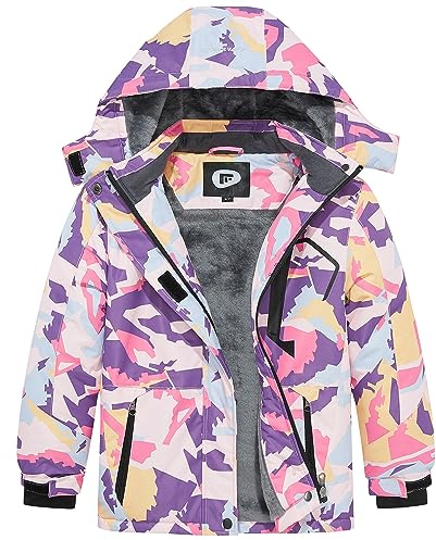 FARVALUE Girls Waterproof Skiing Jacket Windproof Winter Coat Warm Snow Coat with Removable Hood Purple Camouflage 10-12