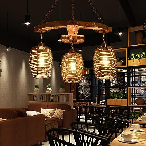 Pendellampe Holz Antik Pendelleuchte Vintage Hängeleuchte Rustikal E27 Metall Höhenverstellbar Gewebte Rattan Leuchten für Schlafzimmer Wohnzimmer Bar Esstisch Esszimmer Industrial Kronleuchter