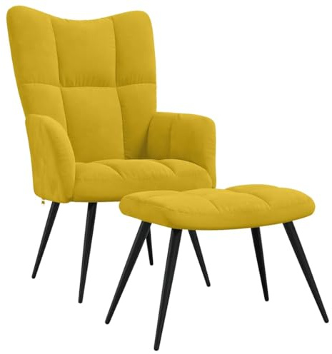 vidaXL Modern Relaxing Chair with Stool – Mustard Yellow Velvet Upholstery, Steel Frame, Thickly Padded for Optimal Comfort, Perfect for Living Room, Office or Lounge Area