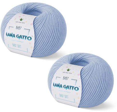 Kalapanta Ovillos por punto, 100% Pura Lana Merino Virgen Extrafina by Lana Gatto. Línea Baby Soft, lana natural para bebé con Aloe Vera, 100 g. 340 mt, (Azul Claro - 2 ovillos)