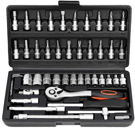 46-Teiliges Werkzeugsatz, Steckschlüsselsatz mit 1/4-Zoll-Umschaltknarre, Steckschlüssel, Bohrersatz, Steckschlüsseleinsatz, Hardware-Werkzeuge, Autoreparaturwerkzeuge