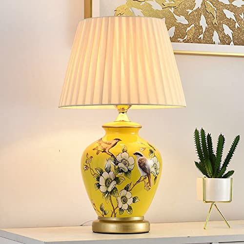 HvKvHvY Vintage-Keramik-Tischlampe, Nachttisch- und Wohnzimmerlampe, weißer Stoff, Leselampe, E27-Stil, Gelb