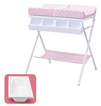 Cambiador de Pañale,con cesto para la Ropa Sucia y 4 cestas de Almacenamiento Mesa de Cuidado portátil Plegable Rosa con bañera