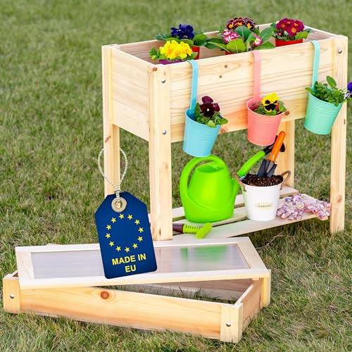 ITA Hochbeet mit Frühbeetaufsatz 80x37x78 cm - Pflanzkasten mit Deckel, Ablageboden, Innenfolie - Made in EU - Direkt vom Hersteller - aus FSC Holz - Blumenkasten für Garten Balkon Terrasse - Natur
