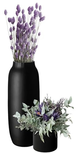 Glasvasen Pärchen Set aus Tisch- und Bodenvase in matt schwarz | Vase für Pampasgras, Trockenblumen und Zweige - modernes Duo für Wohnzimmer, Flur und Esstisch