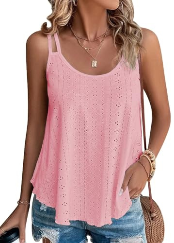 Damlinne sommar topp 2024 chic ärmlös topp spaghettiband rund rem flytande skjorta lös camisole topp T-shirt camisole, Ljusrosa, XXL
