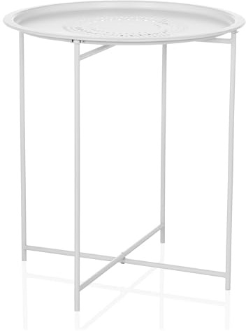 hjh LIVING Beistelltisch rund, Kleiner Couchtisch ALLRUND Metall Balkontisch Ablagetisch, Gestell klappbar, Weiß
