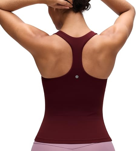 CRZ YOGA Women's Butterluxe Workout Tank Tops with Built in Bra Racerback Yoga Athletic Longline Sports Bra Crew Neck Top Red Merlot 10