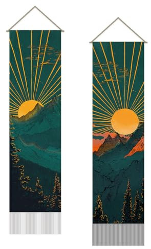 SUPERDANT Wandteppich Mit Sonnenaufgang Und Sonnenuntergang Bergsonne Wandteppiche Wall Tapestry Mit Natürlicher Landschaft Wanddecke Langer Wandtuch Wandbehang 2 Stück Wandteppiche Mit Quaste