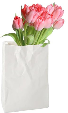Crinkle-Keramikvase – Keramikvase, Plissierte Papiertüte, weiße Blumenvase | Weiße Papiertüten-Keramikvase, einzigartige quadratische, Plissierte kleine Vasen mit breiter Öffnung für zu Hause