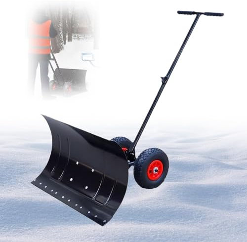 Snöplog snöborttagningsspade, (Snöspade med hjul, 75 cm bred 45 cm lång snöplog spade vinkel och höjd justerbart vadderat handtag effektivt snörengöringsverktyg, 5-växlad handtagshöjd justering