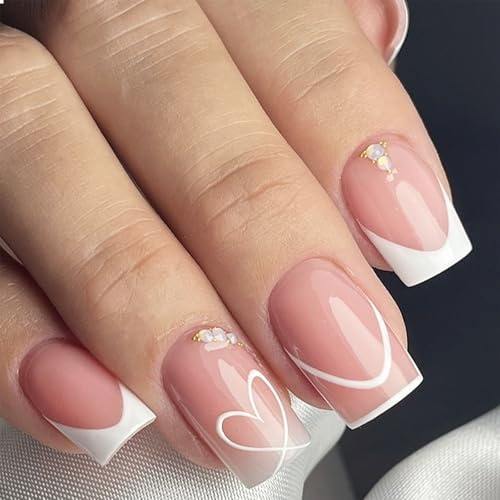 GlamRays Kurze Press on Nails Quadratisch Falsche Nägel Pink Nägel Press ons Weißer French Nailspitzen Klebernagel Nagele Cute Love Valentin Aufnageln Falsche Nägel Acrylnägel 24 Stück