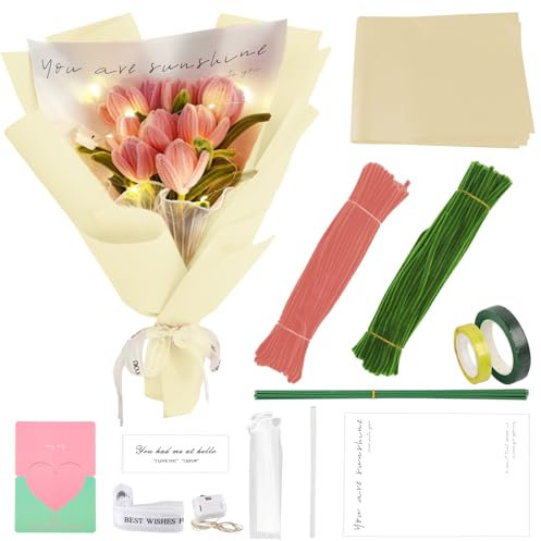 EKKONG Blumenstrauß Pfeifenreiniger Set, Tulpenstrauß Pfeifenreiniger Chenilledraht, Pfeifenputzer Bunt zum Basteln, Pfeifenputzer Bunt Set für Tulpenstrauß Bastelprojekte und Dekorationen (Rosa)