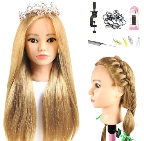 Schaufensterpuppe Kopf 26Inch Weiblich 80% Echthaar Friseur Kosmetologie Schaufensterpuppe Schaufensterpuppe Ausbildung Kopf Haar Puppe Kopf mit Tischklemme Halter (27#, 26Inch)