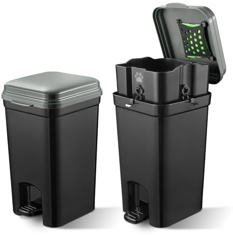 Mounting UP Cestino per animali domestici per esterni e interni, con coperchio e pedale a mani libere, cestino interno da 5 l, con 20 sacchetti e sacchetto a carbone attivo ABS-5L-GB