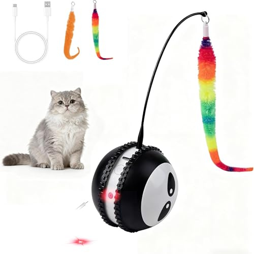 Pet Prime Interaktives Katzenspielzeug mit Lichtstrahl & Sound, Automatischer Selbstrollender Ball mit 2 Austauschbaren Schwänze, USB-wiederaufladbar, Intelligentes Bewegungsspielzeug für Katzen