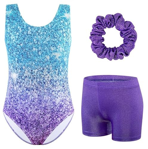 XiaoMoSha Girls Three-Piece Gymnastics Set Sleeveless Girls Leotards with Shorts and Hairband Sparkly Glitter Gradient Color Dance Ballet Unitards Gymnastics Outfits, Purple, 7-8 Years