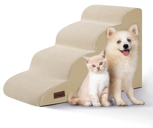 4-stufige Hundetreppe und Rampe für Betten oder Sofas, rutschfeste, stabile Haustiertreppe für kleine Hunde und Katzen, 44,2 cm hoch, Beige