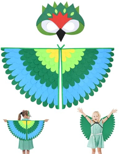 URAQT Vogelflügel Kostüm Kinder, Irisierend Flügel Umhang mit Filzaugen Maske Set, Buntes Vogeleule Verkleiden für Jungen Mädchen, Halloween Karneval Cosplay Party