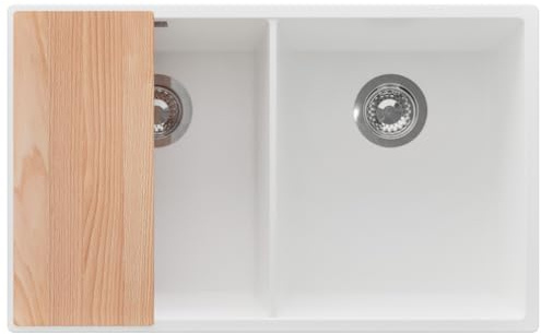 PRIMAGRAN Fregadero bajo Encimera al Mueble 80cm + Kit de desagüe, 76x47cm | Set: Kit de desagüe (sifón, válvula, rebosadero) + Tabla de Cortar + London Twin 2 Senos para Cocina, Blanco