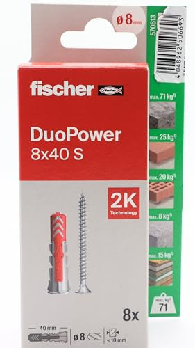 fischer - Duopower 8 x 40 con vite - 8U, tasselli da parete multimateriale, servono per appendere biciclette, quadri, armadi, supporti TV, scaffali, mobili.
