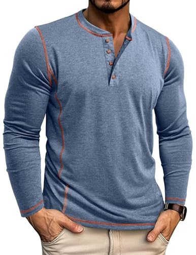 Tee Shirt Homme Manches Longues T Shirt Coton Henley T-Shirts Col Tunisien Décontracté Slim Fit Tshirt Bleu Clair XXL