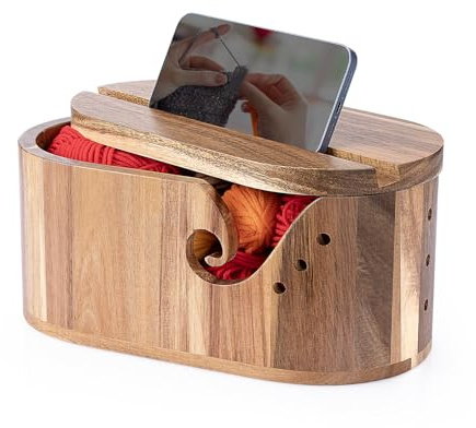 Garnschale für Wolle, Strickschale Garnhalter Holz mit Deckel 28.5x15x12cm | Wollschale Garnschale Holz, Crochet Yarn Bowl Verhindert Verheddern, Garnhalter Wolle für Strick und Häkelprojekte Nähzubehör
