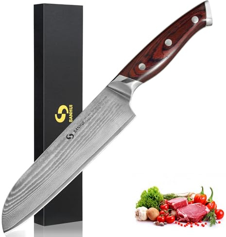 SANHUI Santokumesser 18 cm,Damastmesser aus 67 Lagen echten Damaststahl | Ultrascharfes Santoku Messer für Fleisch, Gemüse,Fisch, Ergonomischer Pakkawood-Griff, Inkl. Geschenkbox