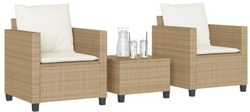 Teenpull 3-TLG. Bistro-Set mit Kissen, Beige Poly Rattan Outdoor Möbel, Balkon Garten Essgruppe, Terrassen Sitzgruppe für 2 Personen, Modern & Bequem