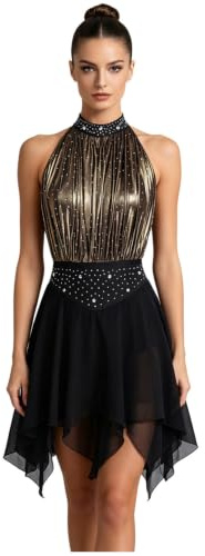 Tanzkleid Damen Glitzer Standard Tanzkleider Ärmellos Neckholder Trikotkleid Metallic Oberteil Chiffon Rock Ballett Tanz Eiskunstlauf Outfit Wettkampf Bühnen