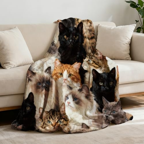 GLOBLELAND Flanell Kuscheldecke, Wurfdecke, Weiß, 150x130 cm, Weich und Gemütlich, für Erwachsene, 150 x 130 cm, Katzen-Motiv, Nahtloses Katzenmuster