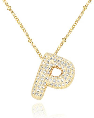 Letra de Burbuja Dorada, Inicial de Burbuja chapada en Oro en Capas, Colgante con Inicial de Globo de circonita, Oro para Mujeres y niñas