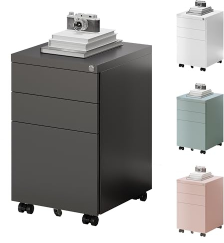FlexiSpot Rollcontainer mit 3 Schubladen, mobiler Aktenschrank mit Rollen, Schubladenschrank Büroschrank Schreibtisch Unterschrank mit Schlüsselschloss und Anti Kipp für Büro Zuhause, Schwarz