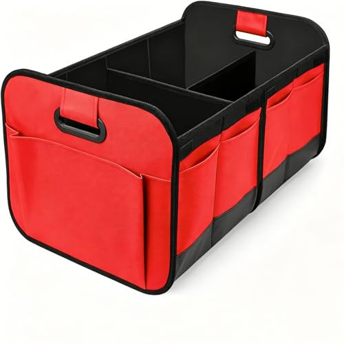 Car Boot Organiser - Foldable Car Boot Bag Car Trunk Organizer Storage Collapsible Trunk Organizer for most Cars, Waterproof Multi-Compartment Collapsible with Reinforced Base, Strong Handles(Red)