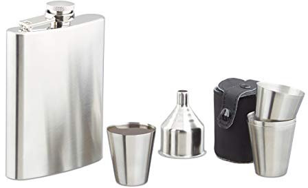 Relaxdays Set Flasque en inox 7 pièces avec flasque 200 ml entonnoir et verre doseur festival camping, argenté