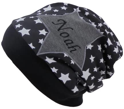 pinkeSterne ☆ Süße Beanie mit Namen Vornamen Mütze Individuell Personalisiert Bestickt Stern Junge Schwarz Grün