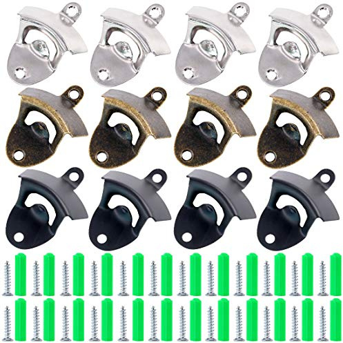 Swpeet Flaschenöffner-Set mit Schrauben, rustikaler Flaschenöffner, Wandhalterung, rustikaler Bierdeckelöffner mit Befestigungsschrauben für Küche, Café, Bars, Silber, Bronze, Schwarz, 12 Stück