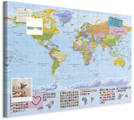 murando - Mapamundi con tablero para clavar chinchetas 90x60 cm - Cuadro | Lienzo estructurado - 1 parte - Panel de Fibra - Mapa del Mundo Continente