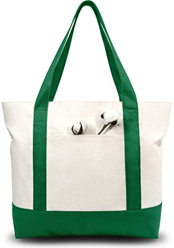TOPDesign 1-Pack Canvas Tote Bag with an External Pocket, Reusable Grocery Shopping Bag, Top Zipper Closure, Daily Essentials (Green/Natural)